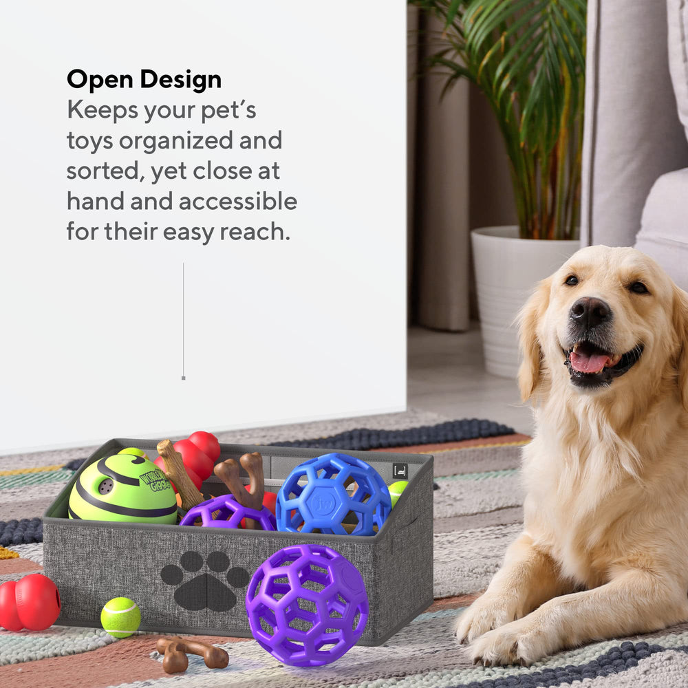 Mindspace Dog Toy Box Organizer open design for simple toy selection.