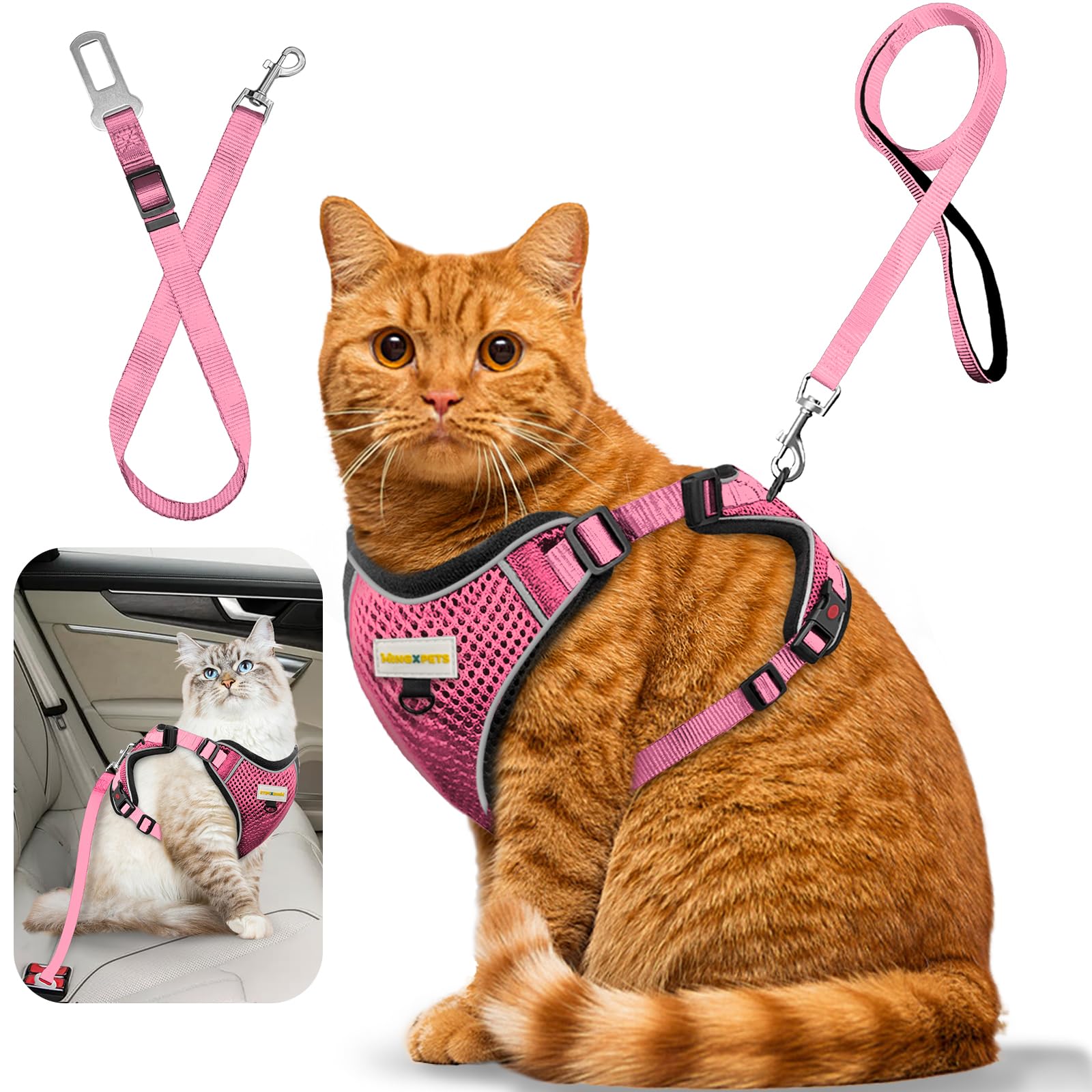 MingXpets cat harness pink S side view for secure, escape-proof walks