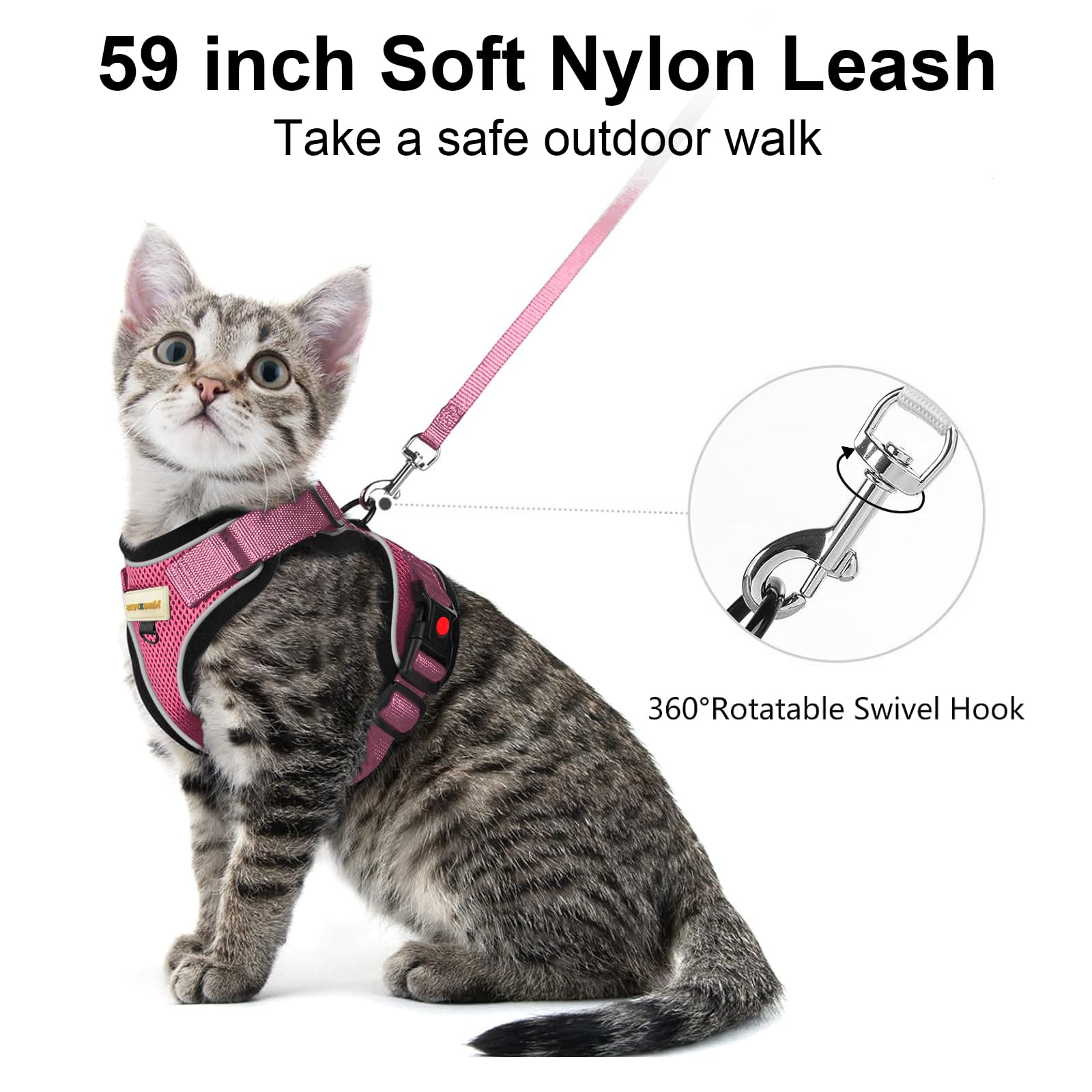 MingXpets cat leash pink strap closeup highlighting durable hardware