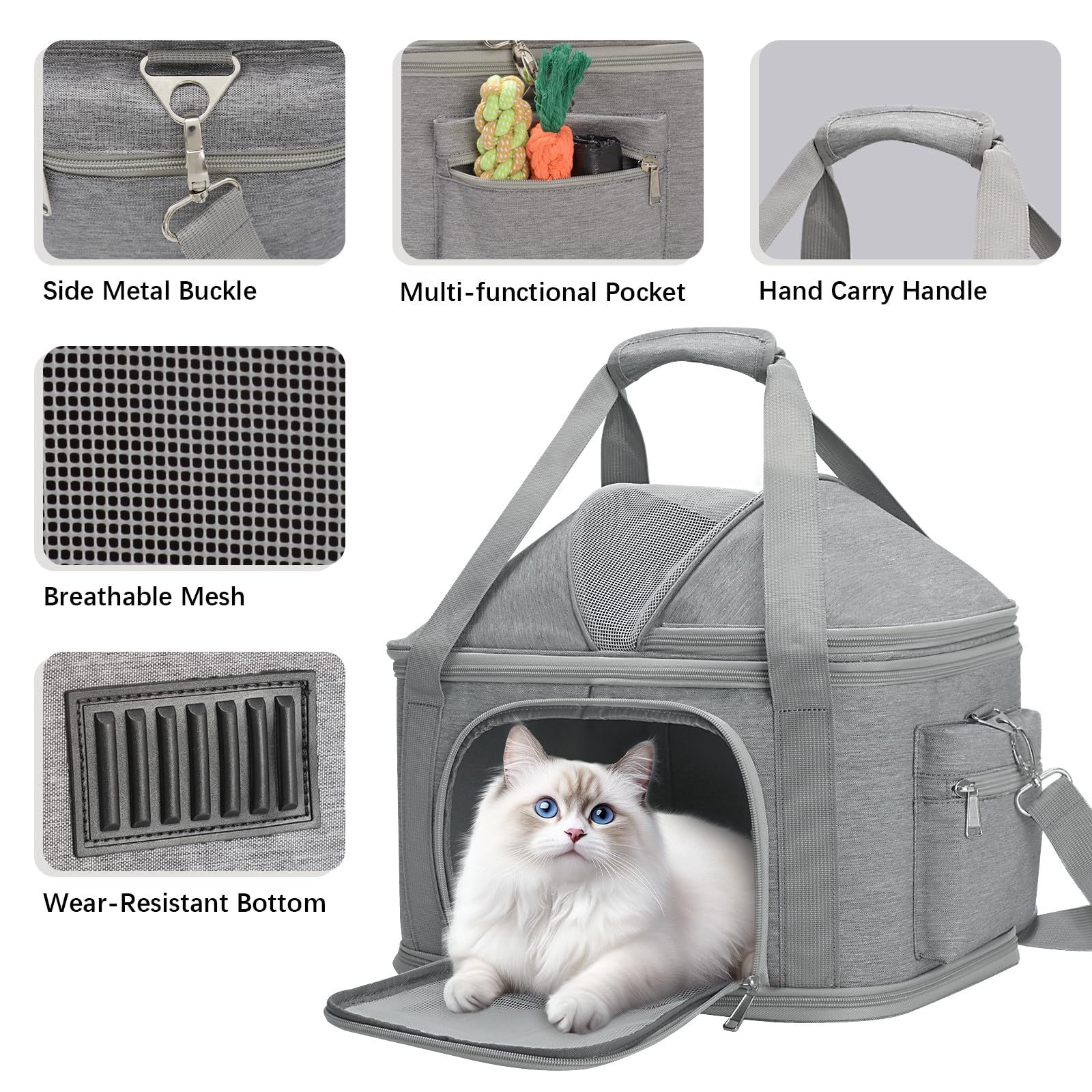 Minsong airline-approved pet carrier gray open interior highlights spacious breathable space.
