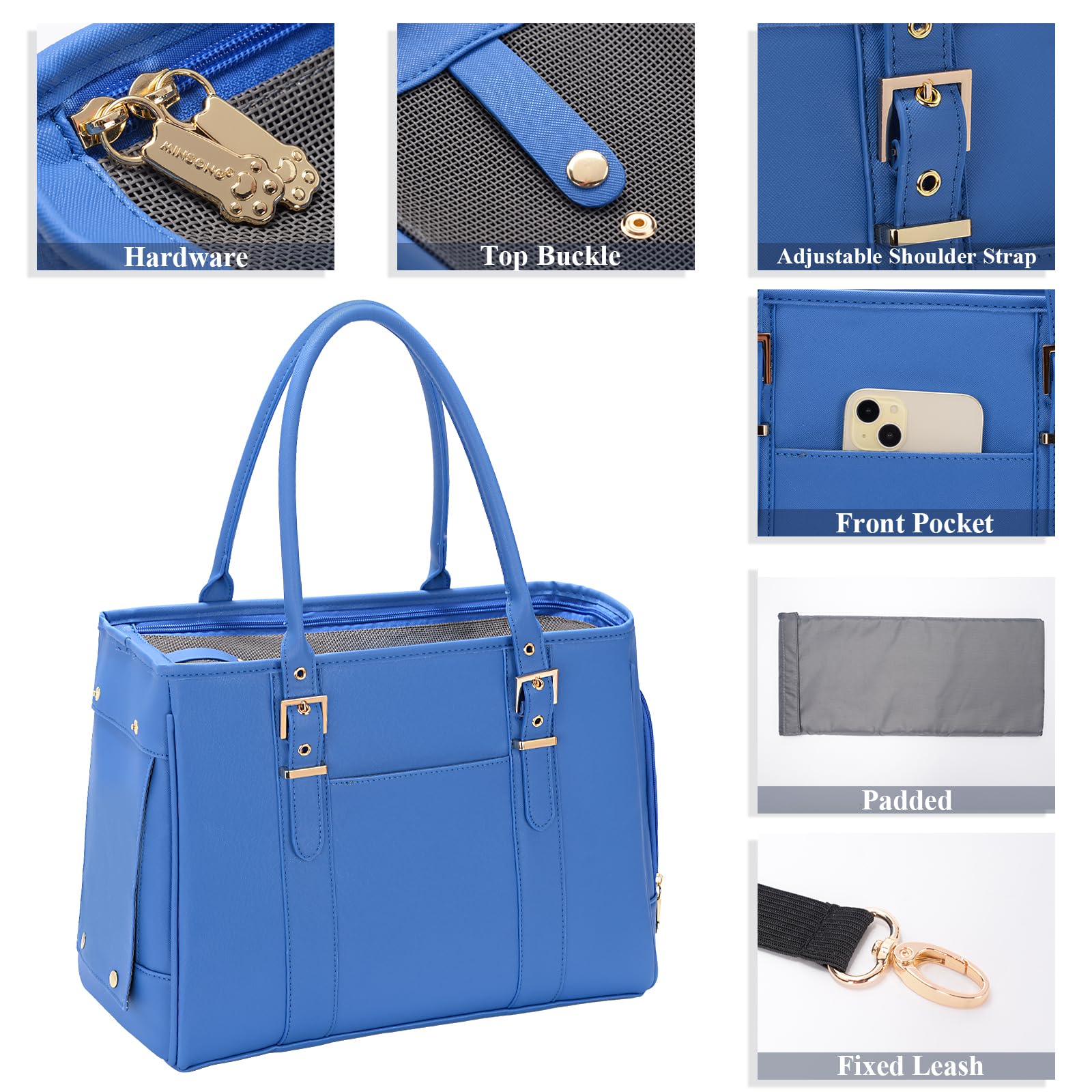 Minsong fashion pet carrier blue fixed leash interior for secure small pet outings