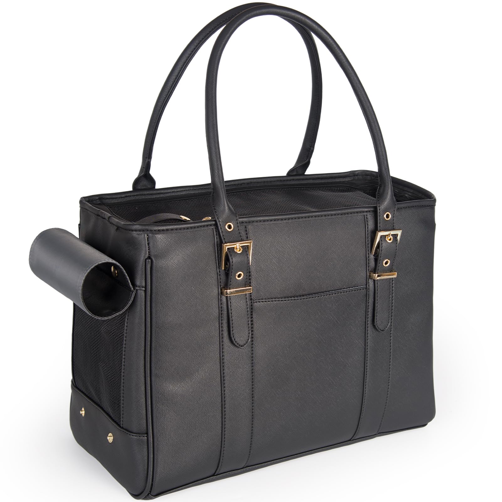 Minsong fashion pet carrier front view: stylish black leather tote for small pets.