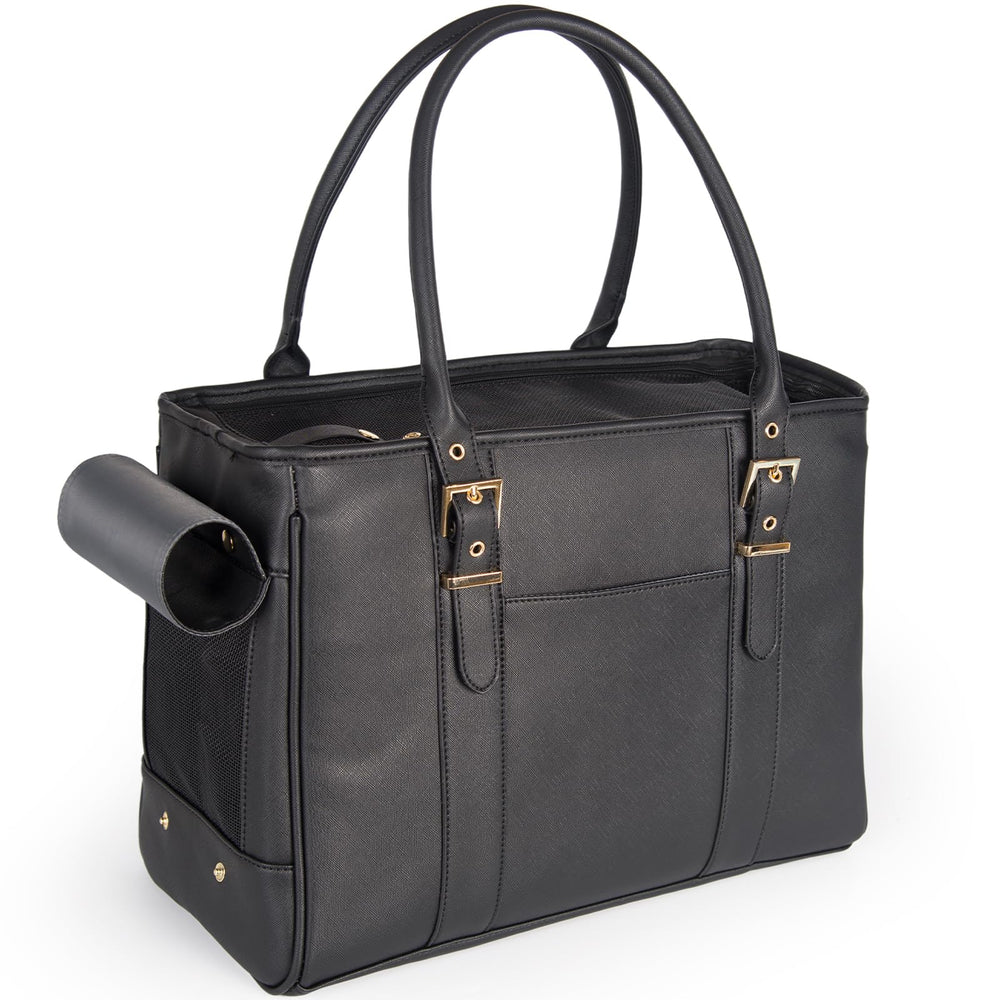 Minsong fashion pet carrier front view: stylish black leather tote for small pets.