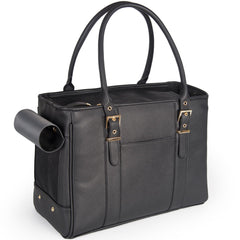 Minsong fashion pet carrier front view: stylish black leather tote for small pets.