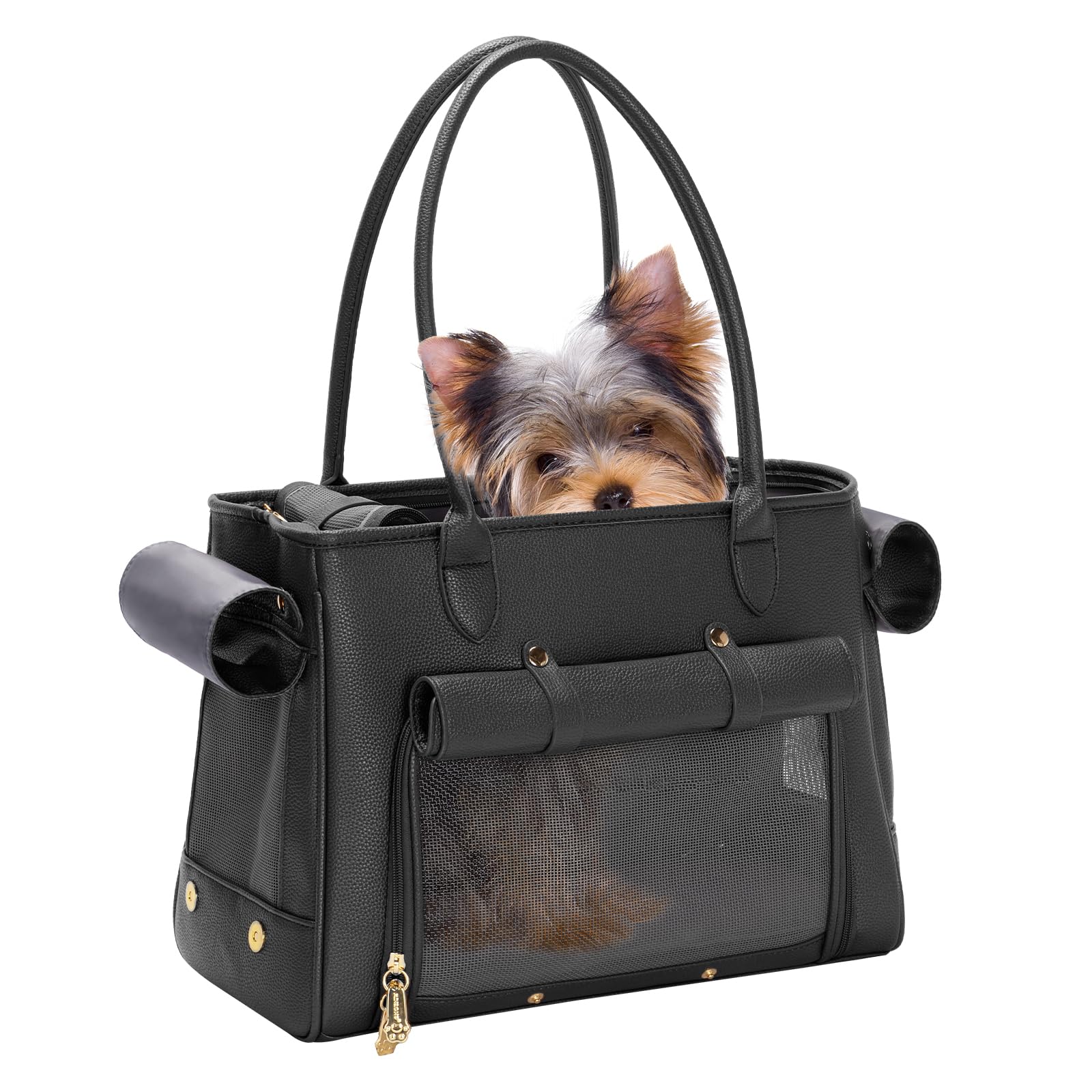 Minsong fashion pet carrier front view highlights stylish tote design and sturdy easy-clean PU leather