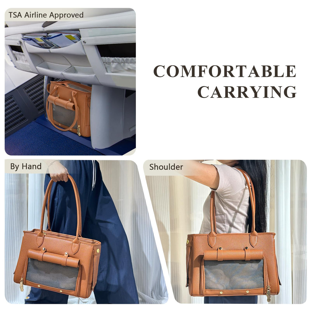 Minsong fashion pet carrier brown built-in leash keeps pets secure.