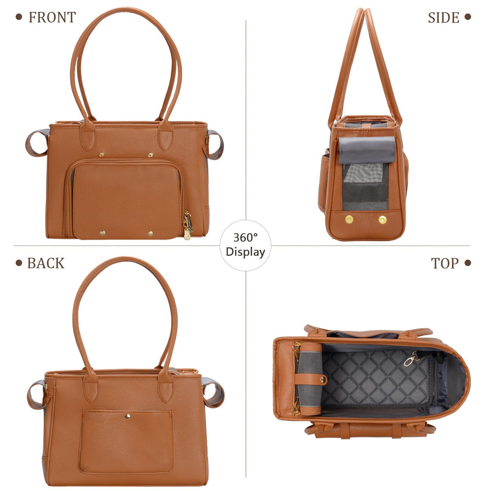 Minsong fashion pet carrier purse brown top entry for easy pet access.