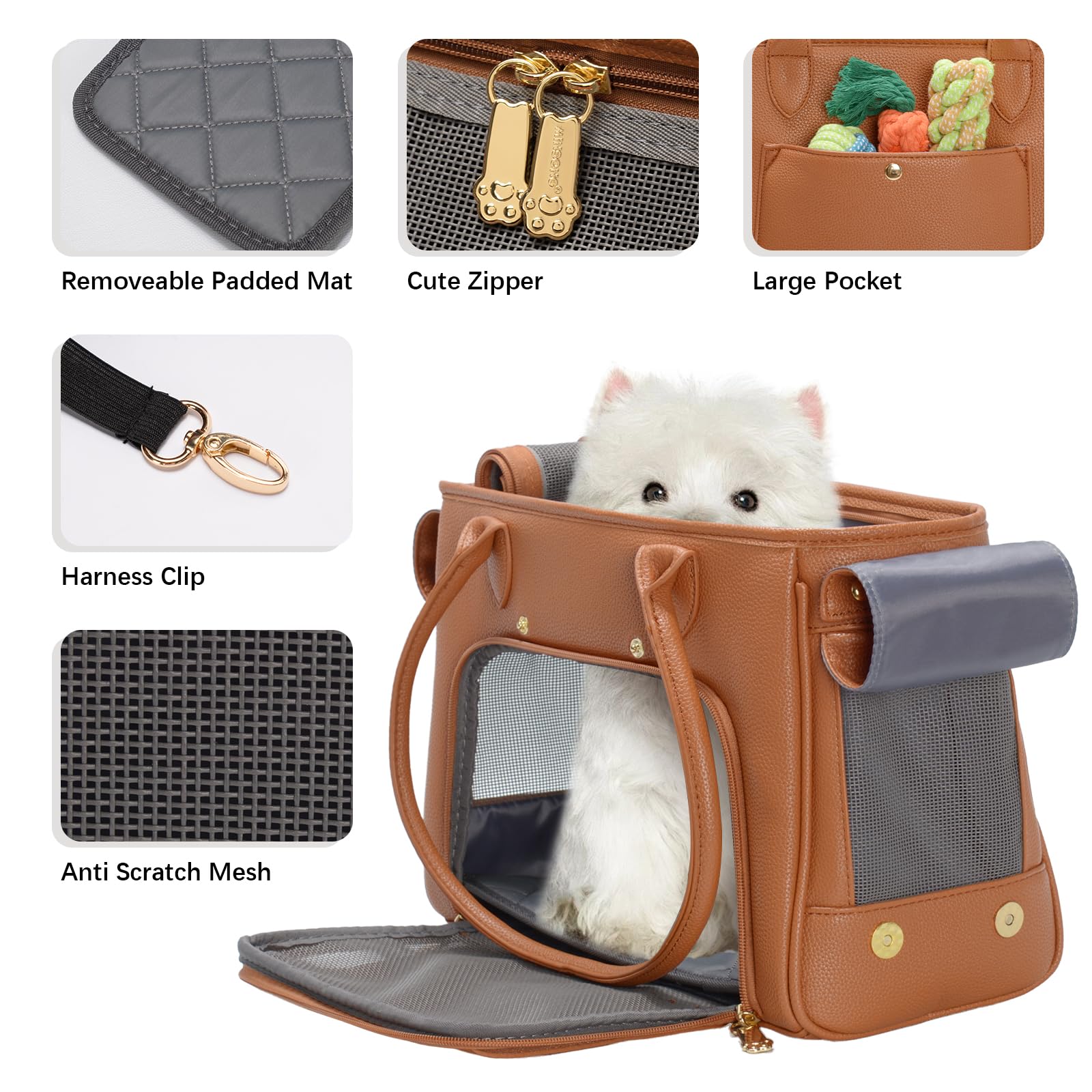 Minsong fashion pet carrier brown mesh ventilation for airflow and comfort.