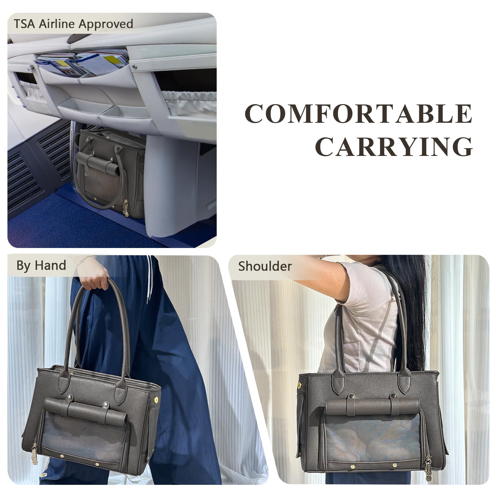 Minsong handbag-style carrier shows large pockets for treats and essentials.