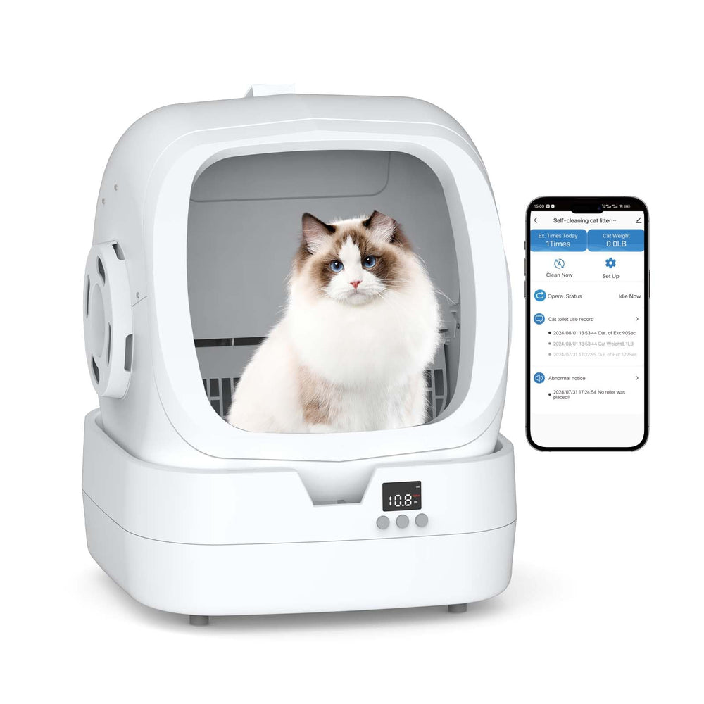 Mintakawa litter box front view with sleek white body and anti-pinch safety.