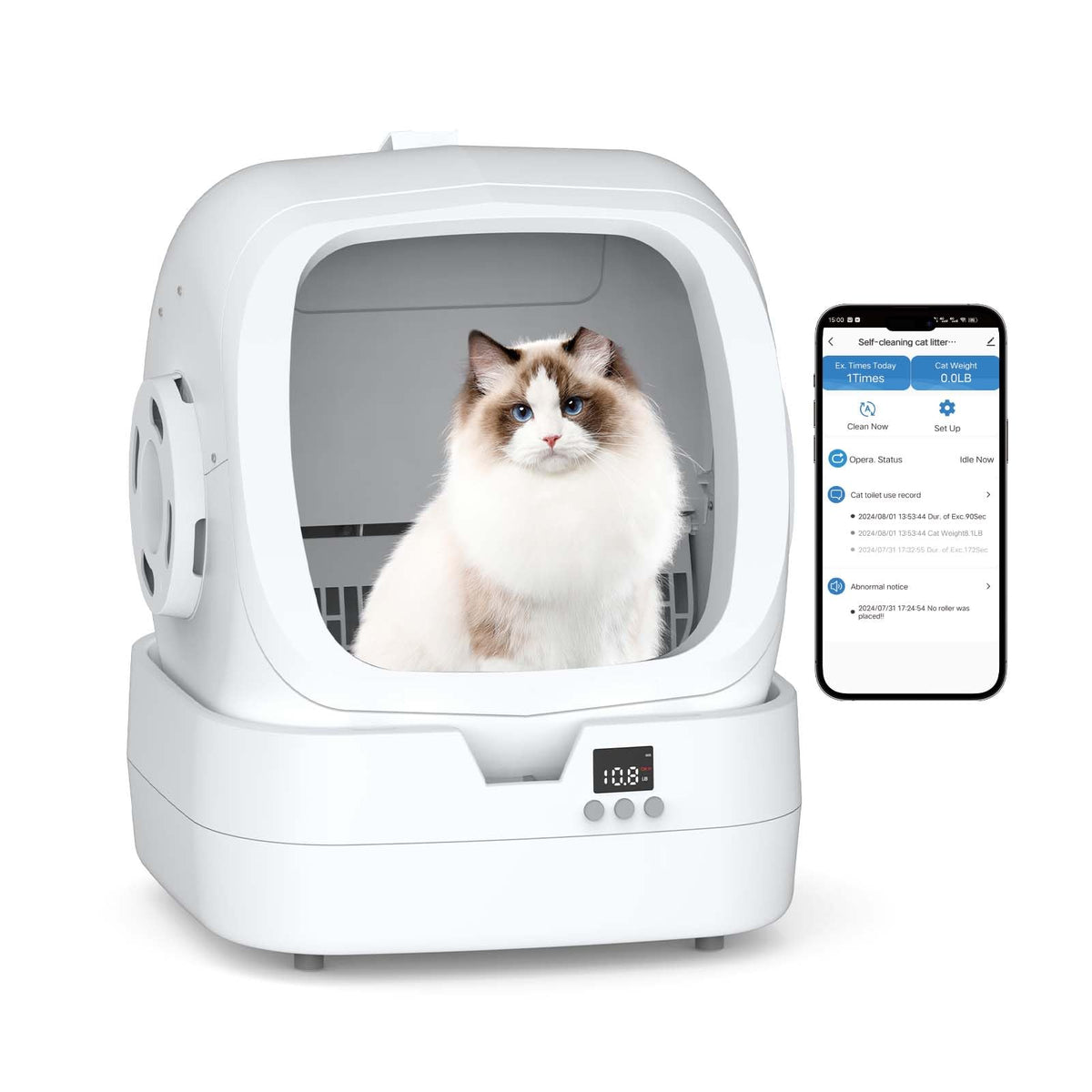 Mintakawa litter box front view with sleek white body and anti-pinch safety.