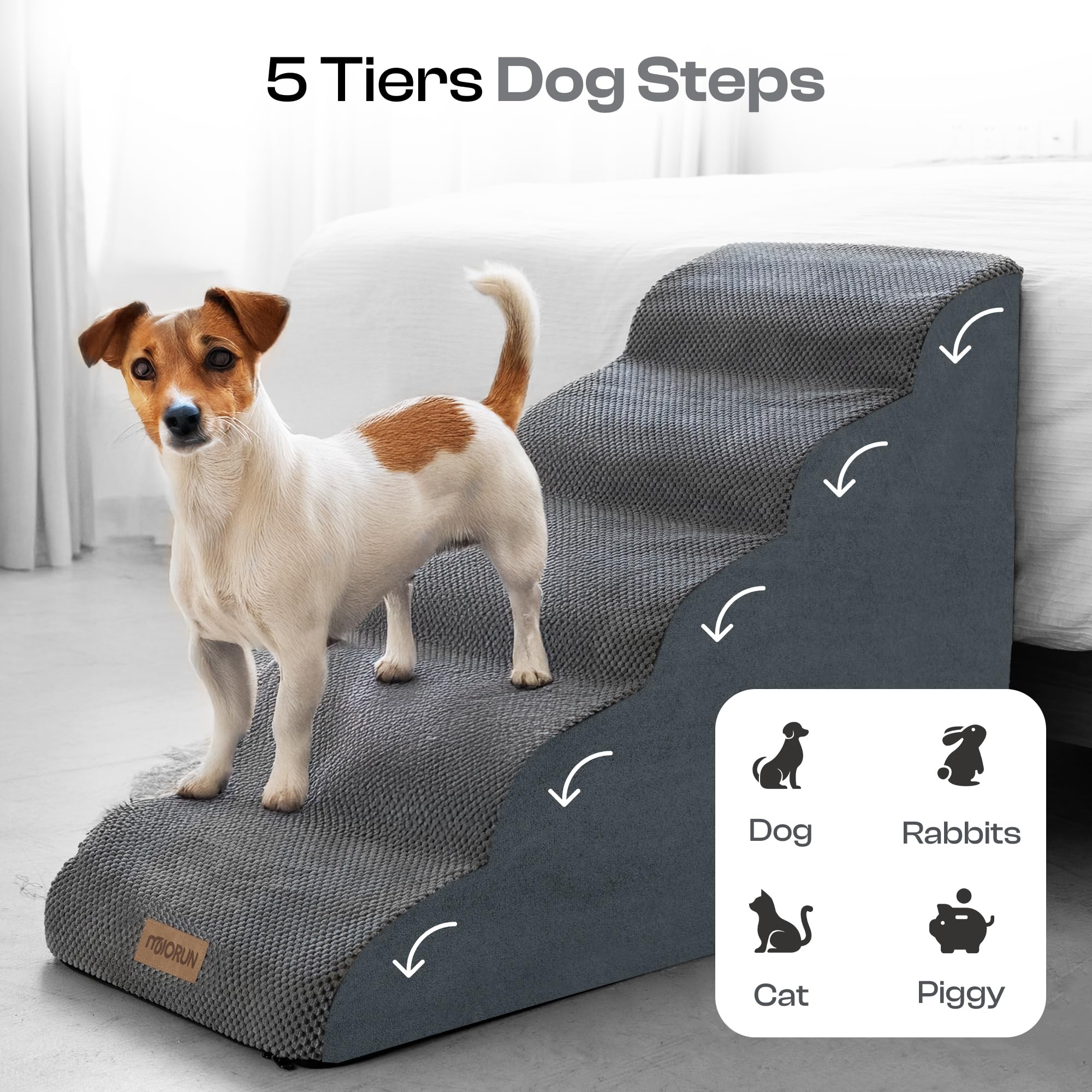 Miorun 5-Step Curved Dog Stairs side view highlights stable, low-effort ascent.