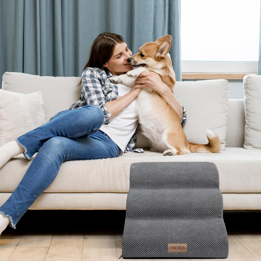 Miorun dog stairs staged for multi-scene use beside bed and couch