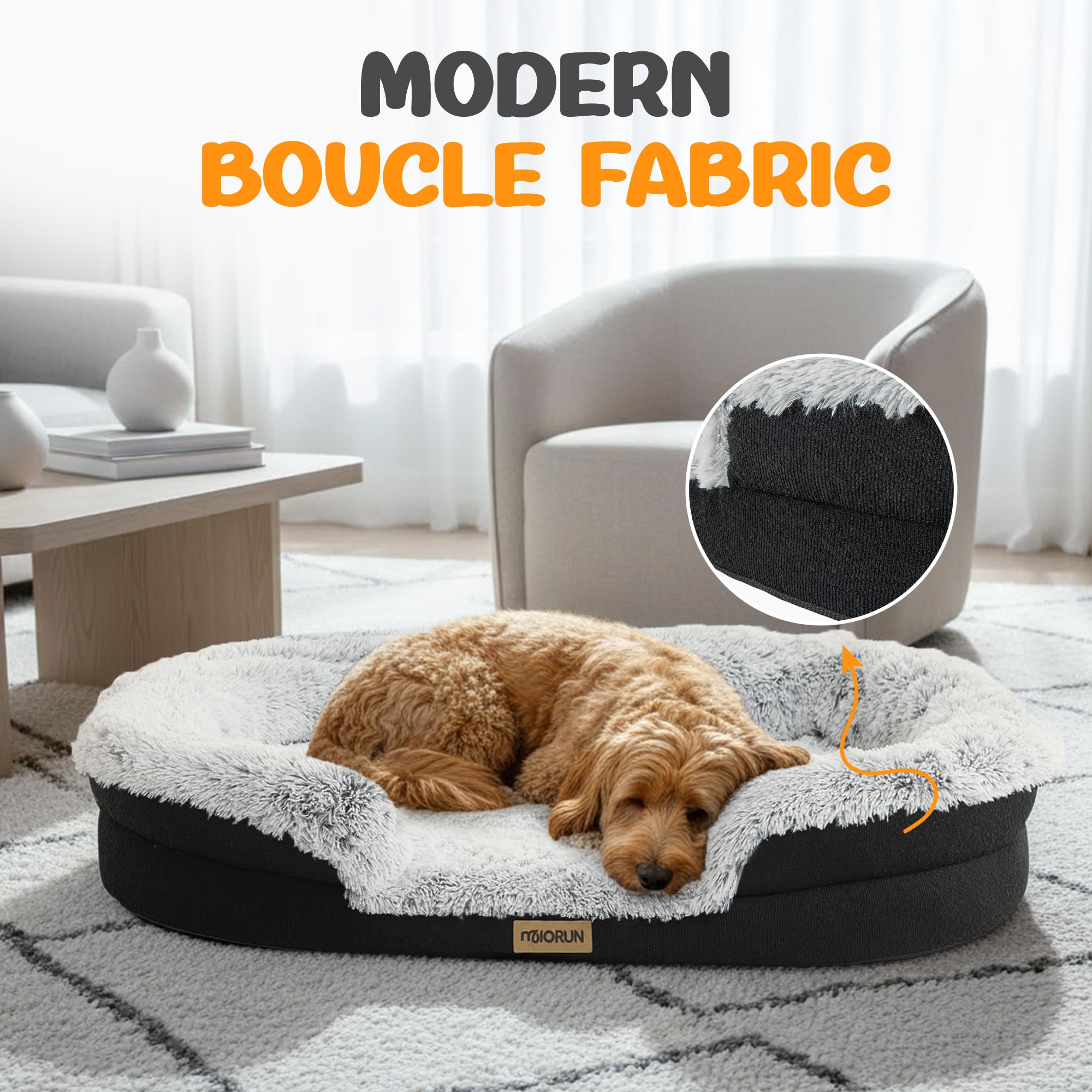 Miorun fluffy-bed-curved-bolster showcases wraparound support for curling dogs