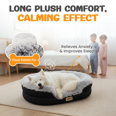 Miorun fluffy orthopedic dog bed curved bolster offers wraparound neck support.