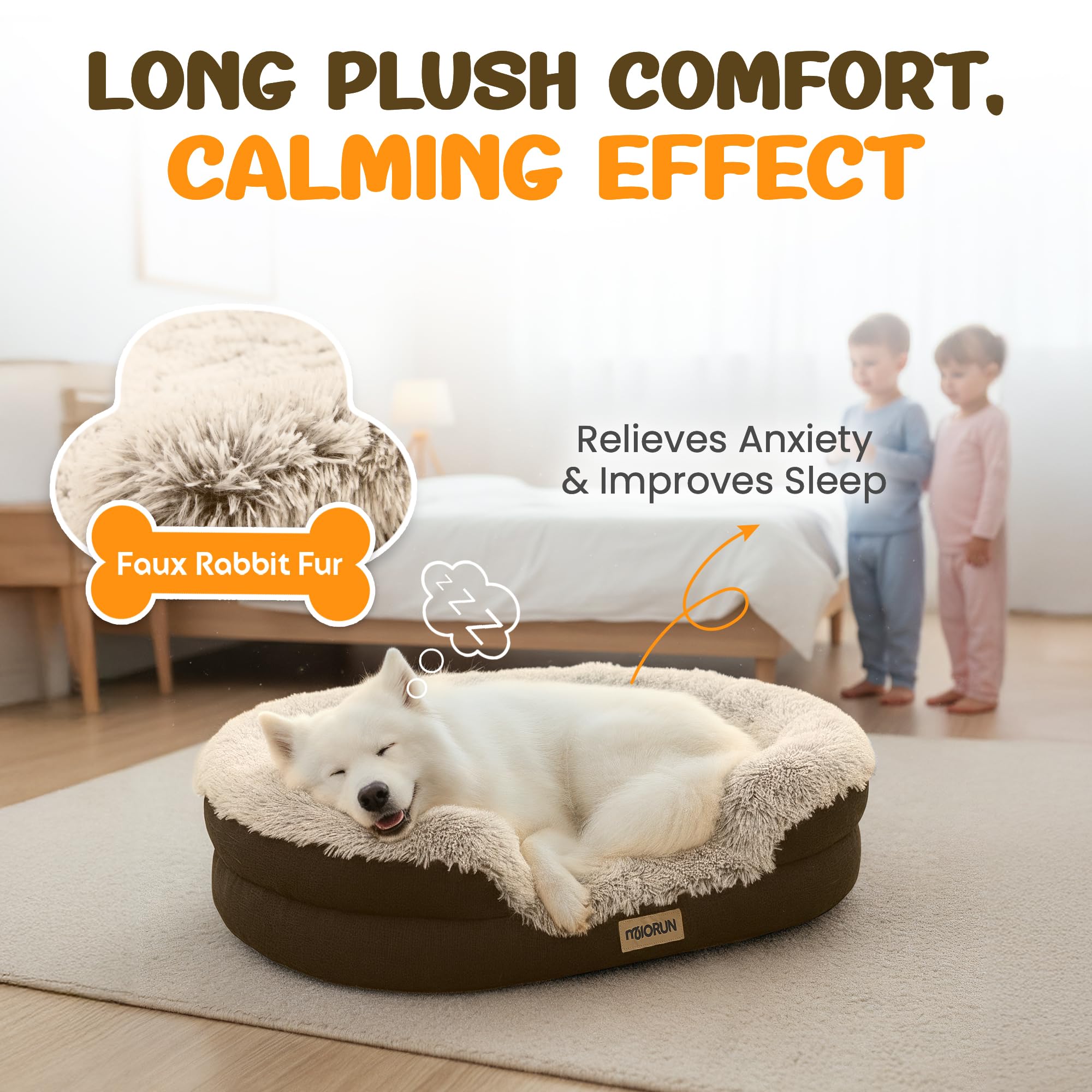 Miorun Fluffy Orthopedic Bed fabric close-up highlights bouclé texture and cozy cushioning