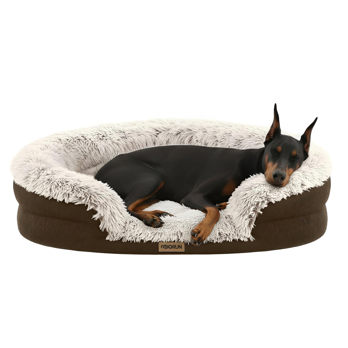 Miorun fluffy orthopedic dog bed oval coffee front view shows plush comfort for XL dogs