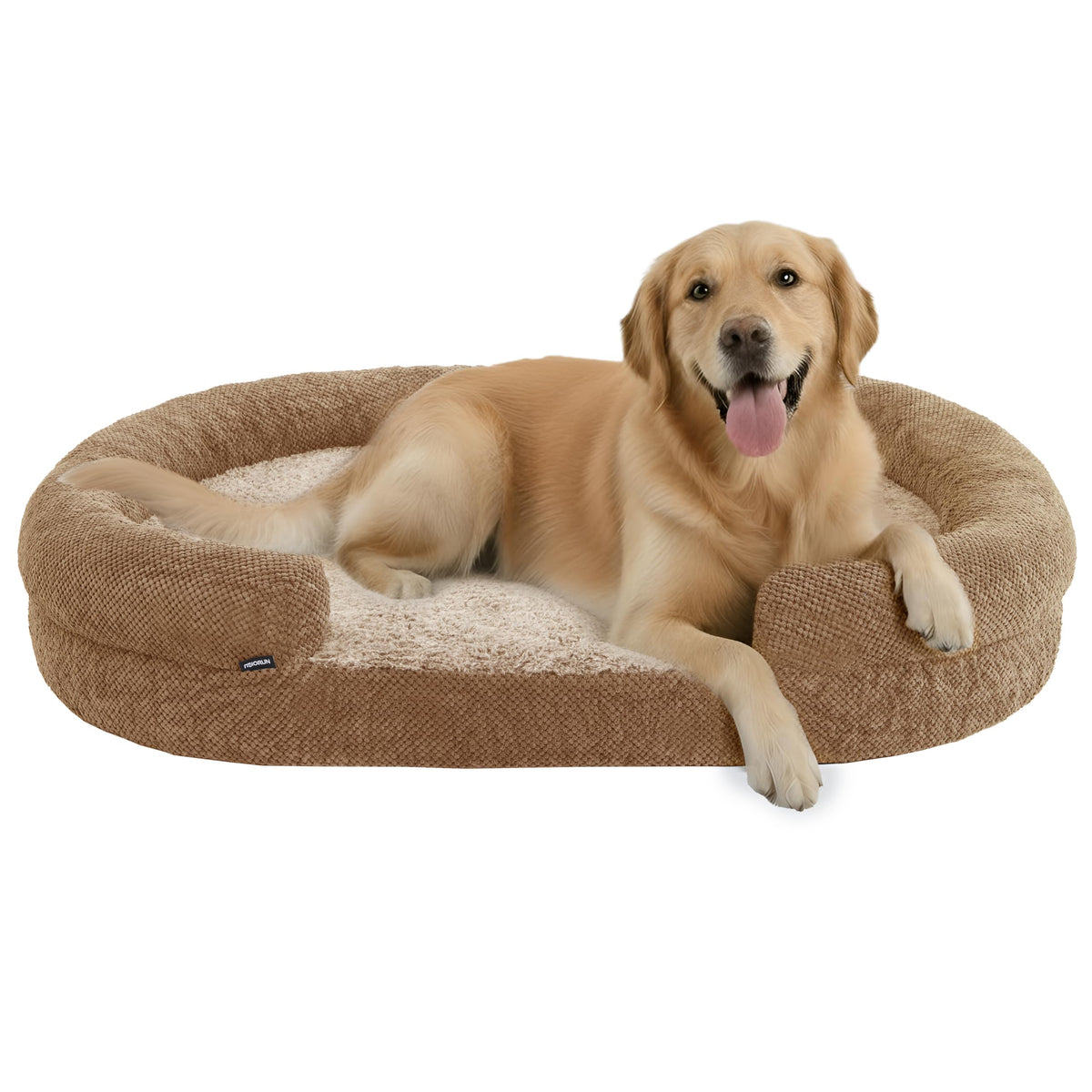 Miorun orthopedic dog bed camel top view shows bolster support for large dogs and cozy lounging.