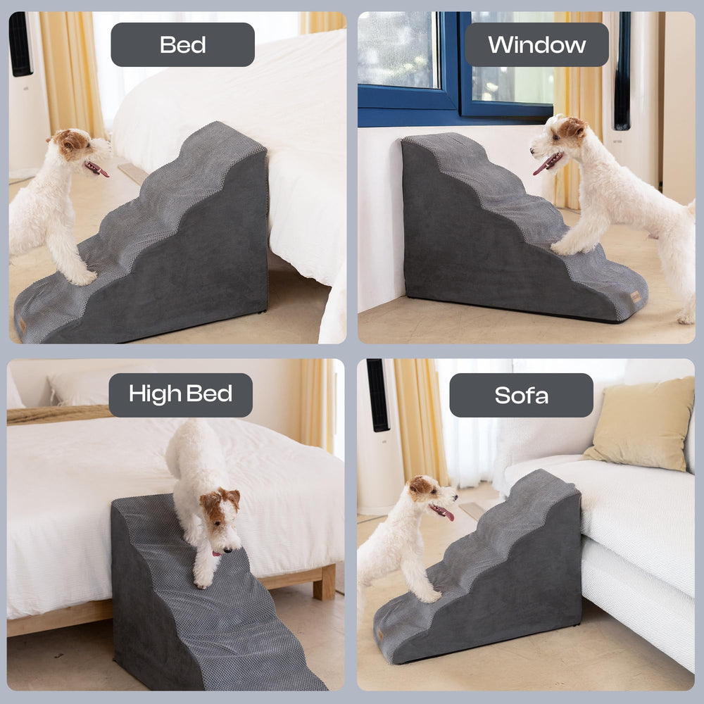 Miorun pet stairs in use on couch to help dog reach seating with ease.