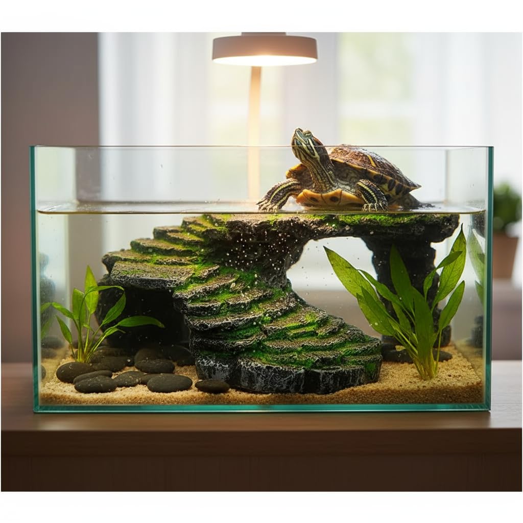 Mipukbay frogs basking on platform with hiding opportunities in tank.