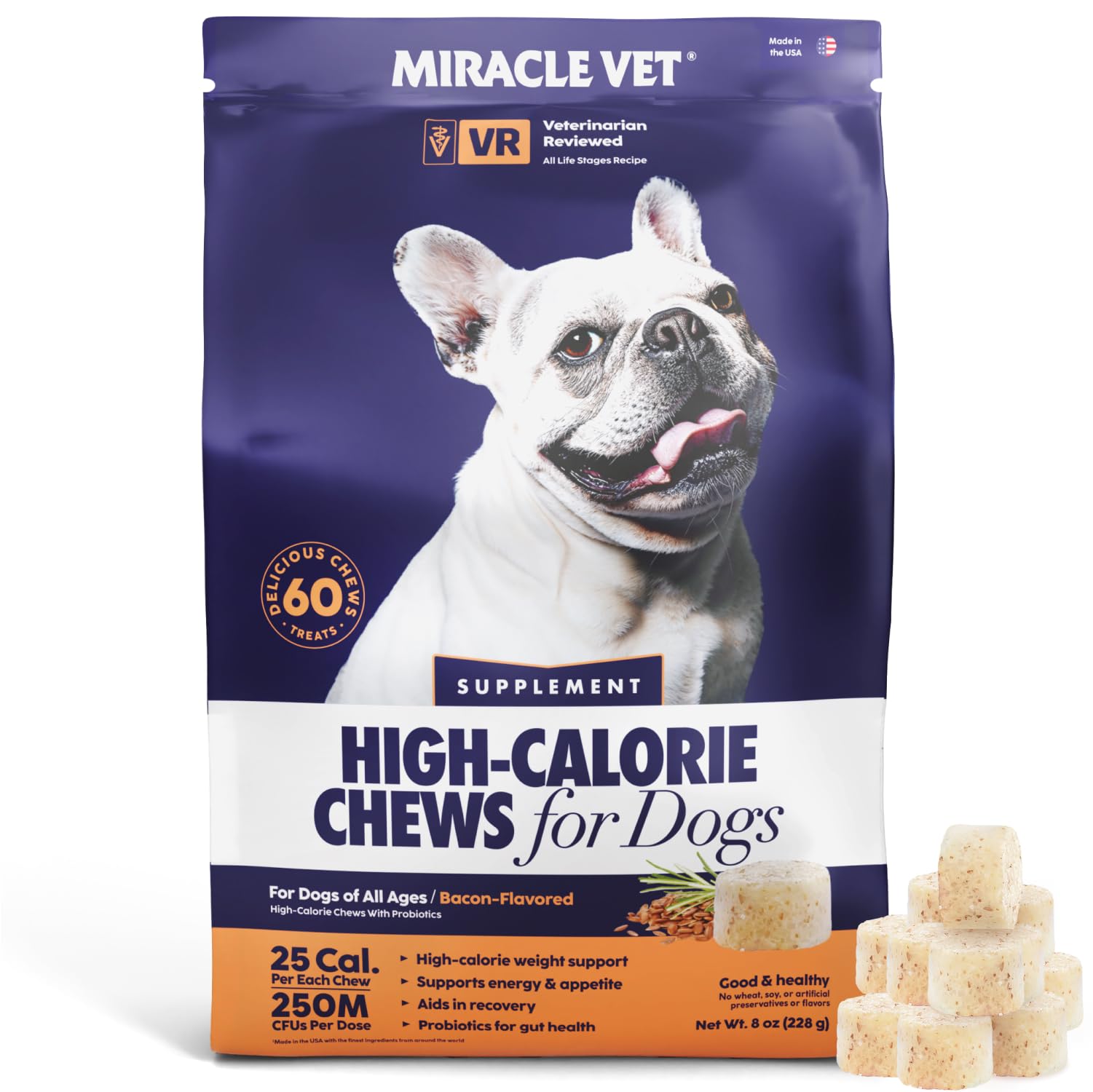 Miracle Vet dog weight gainer chews bag front supports appetite and energy