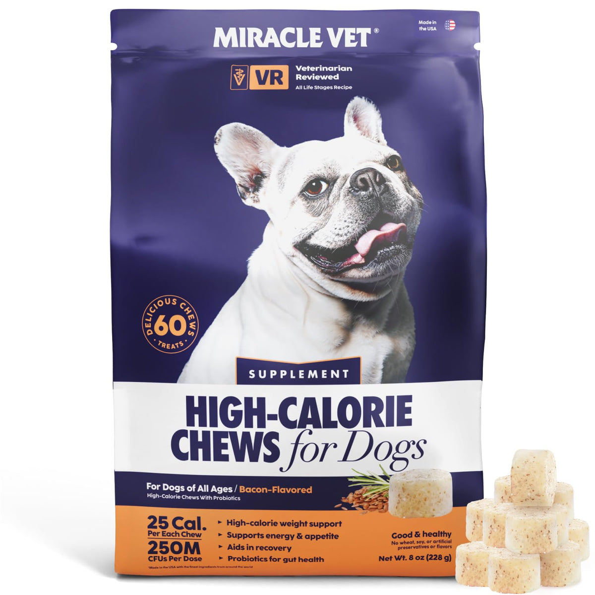 Miracle Vet dog weight gainer chews bag front supports appetite and energy