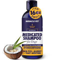 Miracle Vet medicated dog shampoo bottle front demonstrates a relief-focused, skin-supporting wash for itchy skin relief.