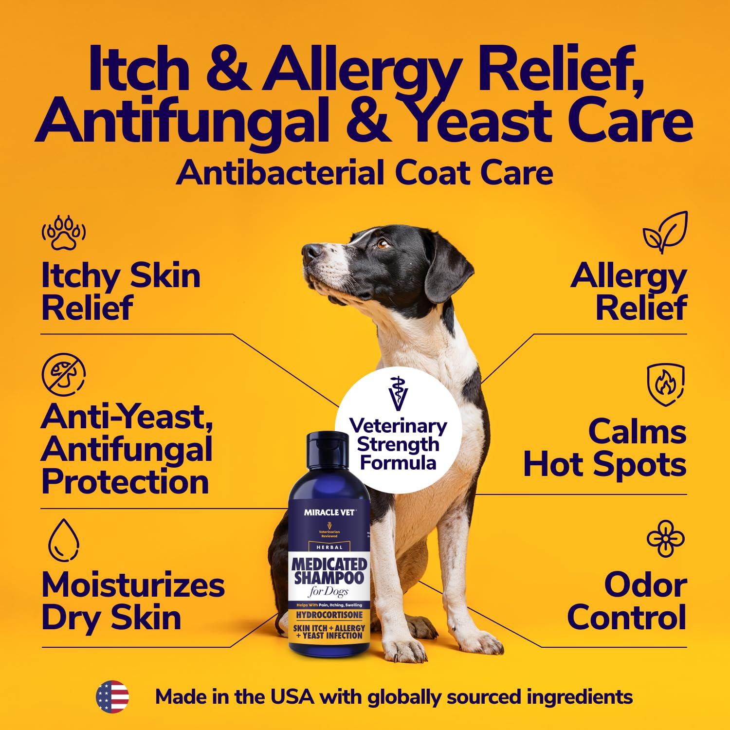 Miracle Vet medicated dog shampoo foamy lather helps calm irritated skin during baths.