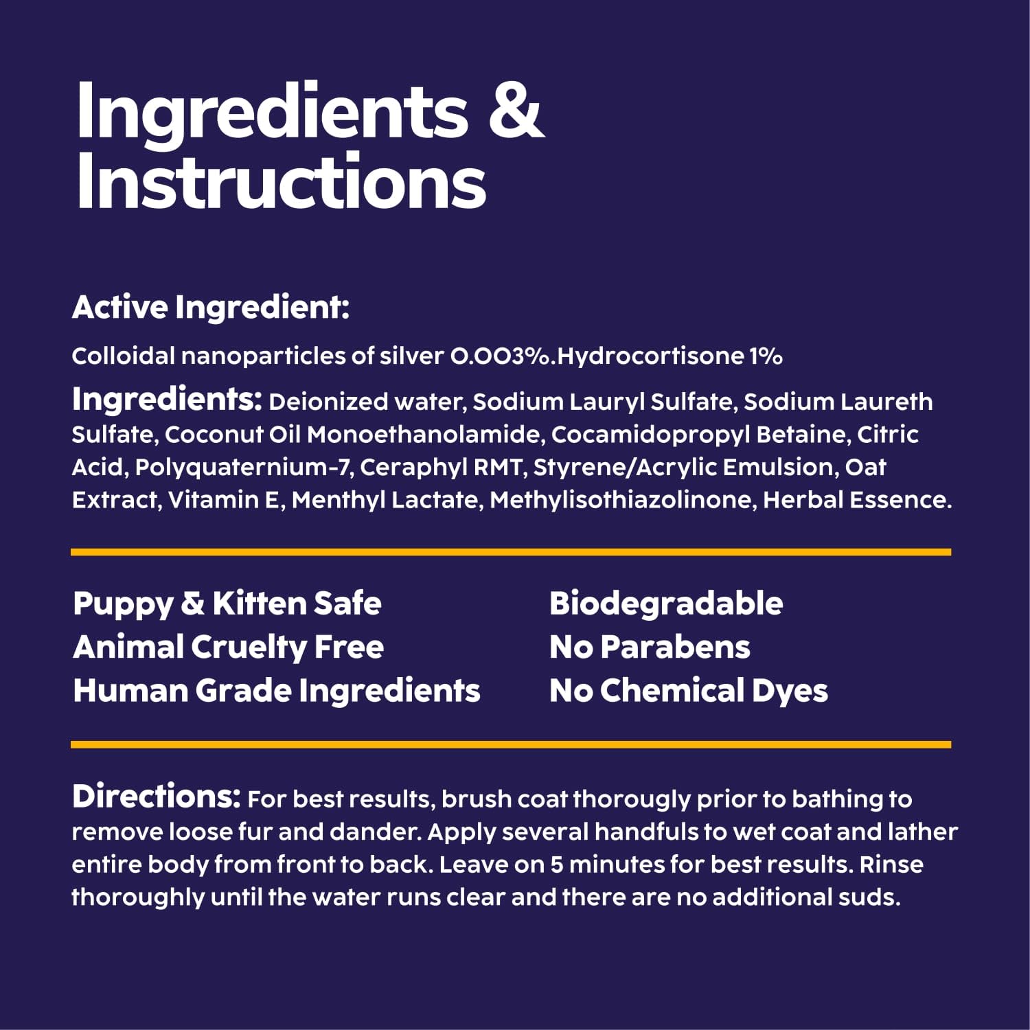 Miracle Vet medicated dog shampoo ingredients-hydrocortisone highlights anti-itch action.