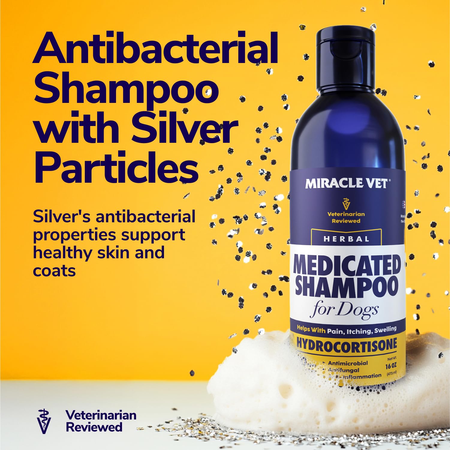 Miracle Vet medicated dog shampoo odor-control shot showcases fresh, clean scent after wash.