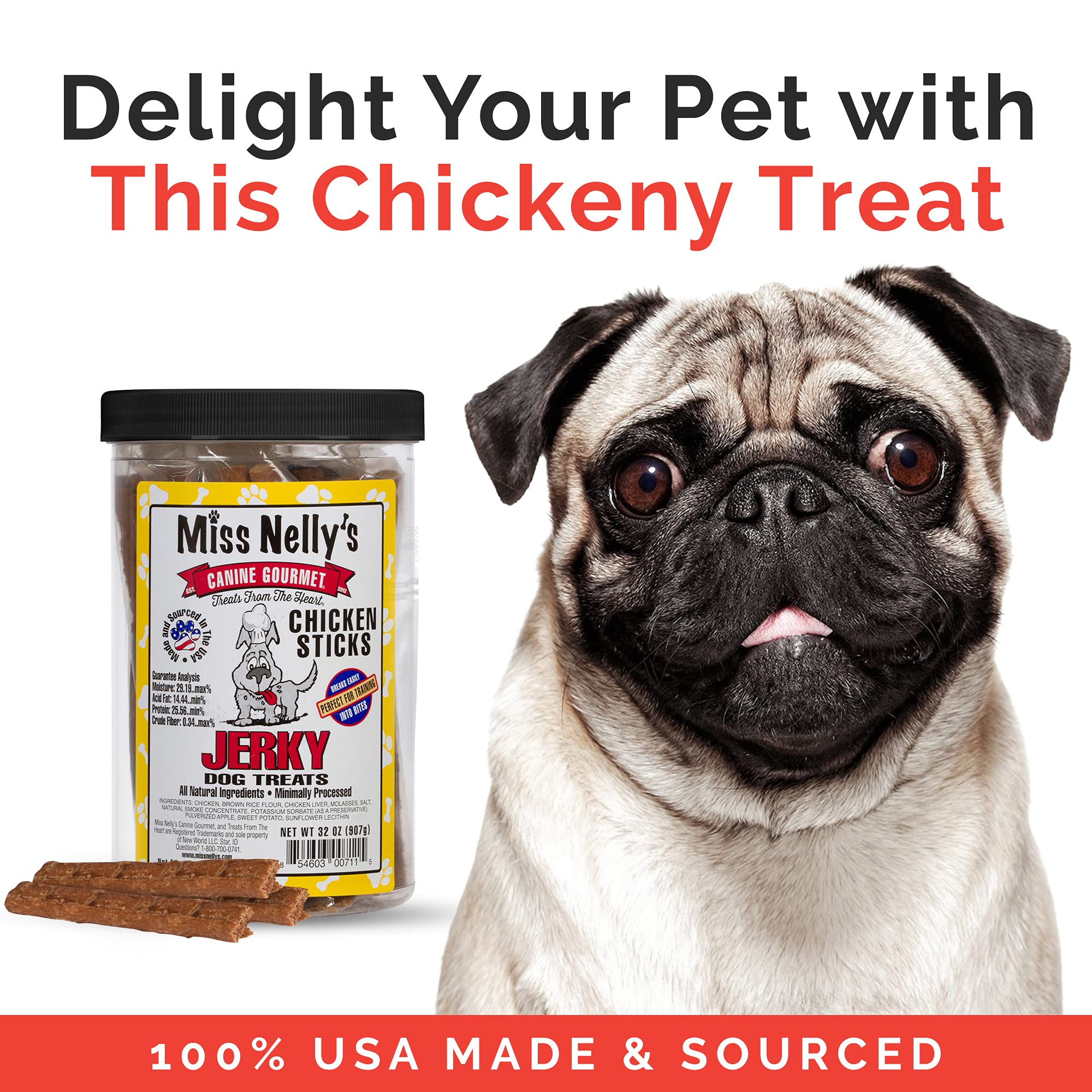 Miss Nelly's Chicken Jerky USA-made label highlights country of origin and small-batch craftsmanship.