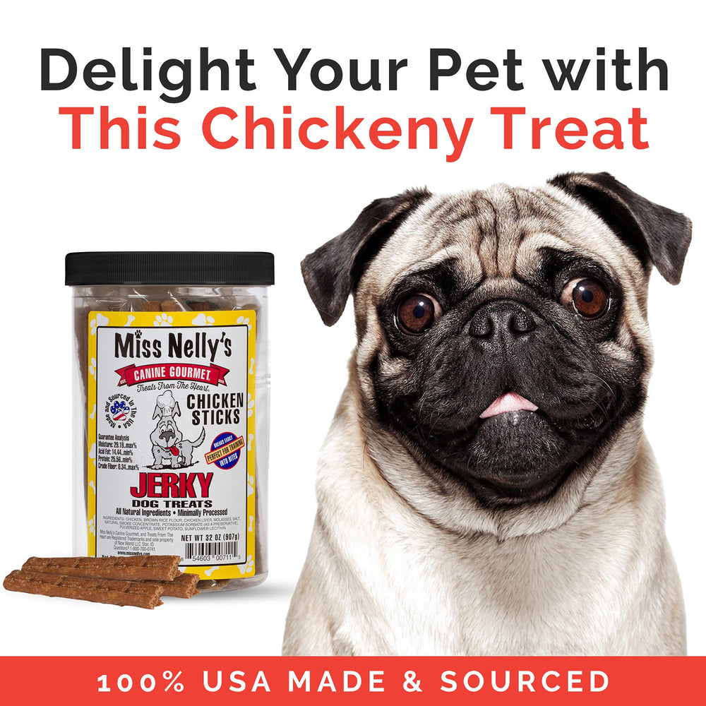 Miss Nelly's Chicken Jerky USA-made label highlights country of origin and small-batch craftsmanship.