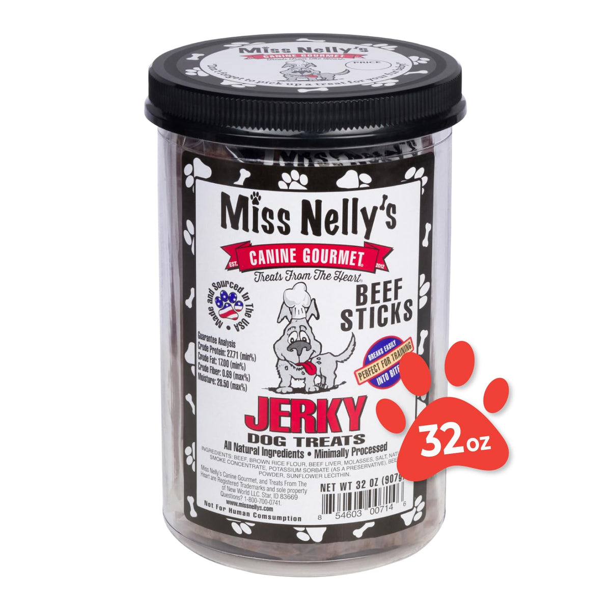 Miss Nelly's beef jerky dog treats front view showing premium USA-made quality for rewards.