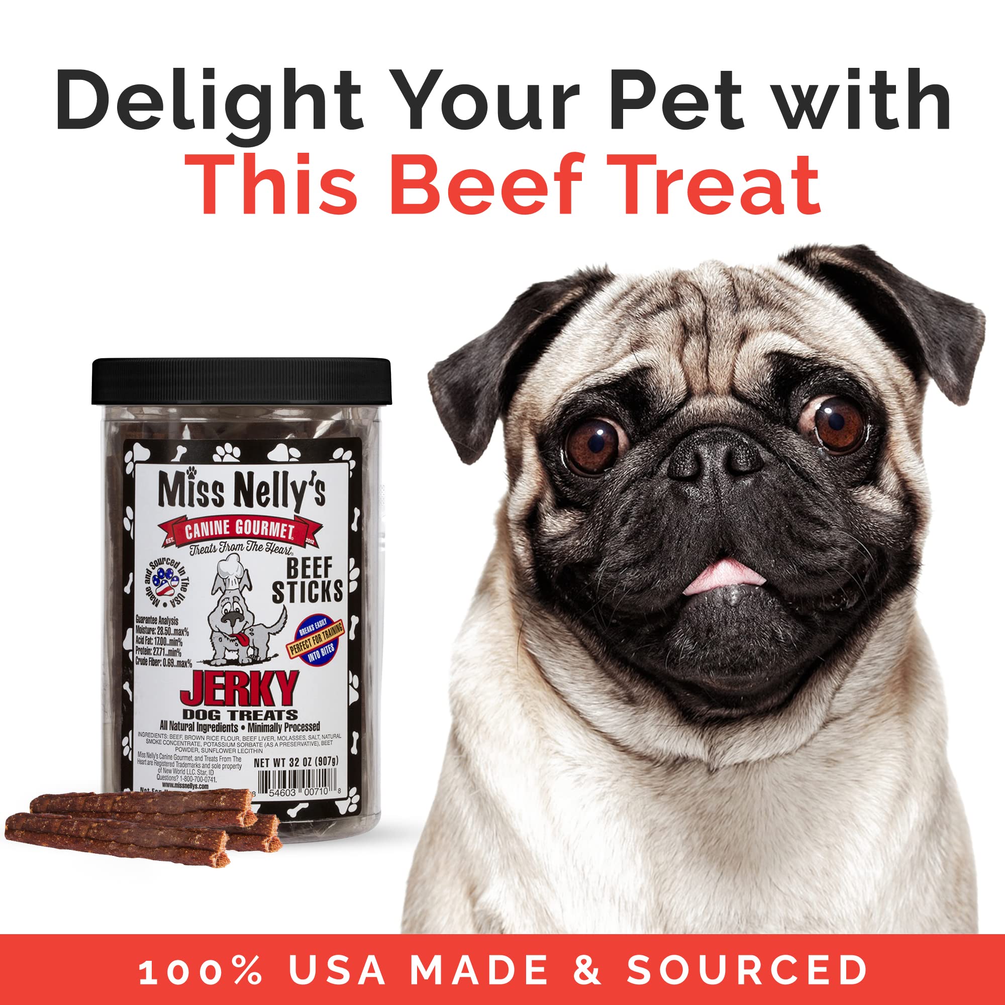 Miss Nelly's packaging of beef jerky dog treats showing clean ingredients and family recipe.