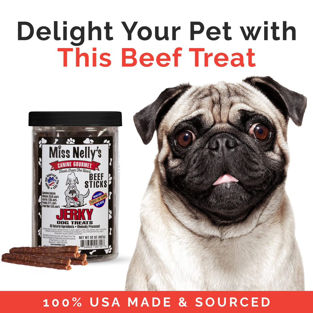 Miss Nelly's packaging of beef jerky dog treats showing clean ingredients and family recipe.