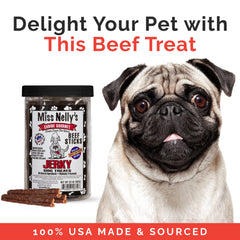 Miss Nelly's packaging of beef jerky dog treats showing clean ingredients and family recipe.