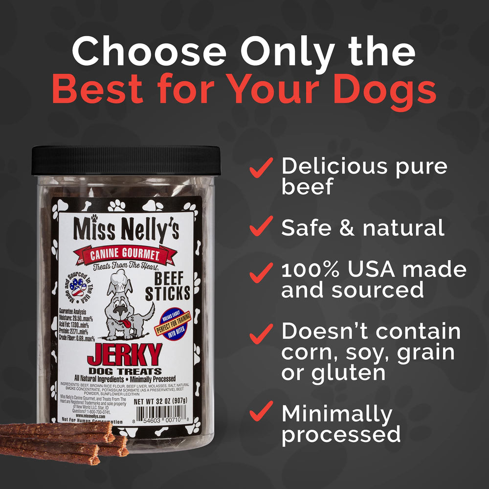 Miss Nelly's smoky aroma beef jerky dog treats inviting natural beef flavor for dogs.