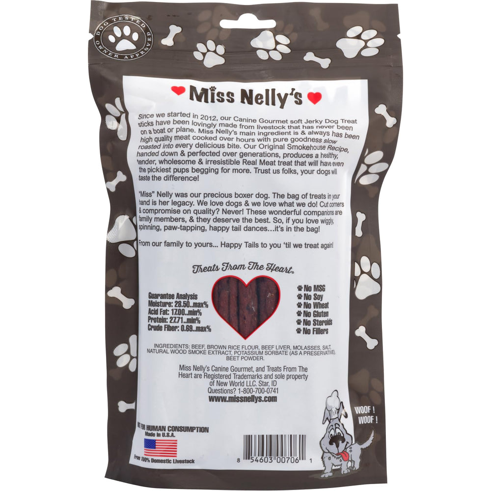 Miss Nelly's smoked beef jerky close-up highlights tender texture and real meat.
