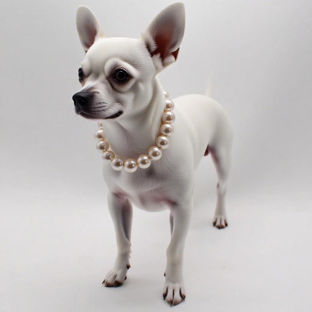 MISS PET dog wearing pearl collar at garden party for festive occasions