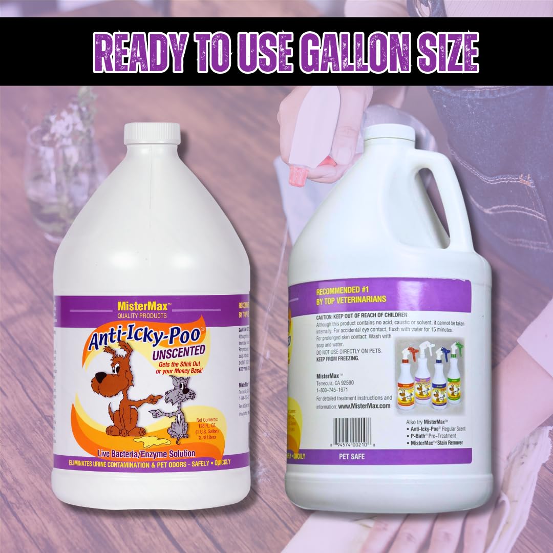 Mister Max enzymatic cleaner on wood floor highlights safe surface deodorizing action.