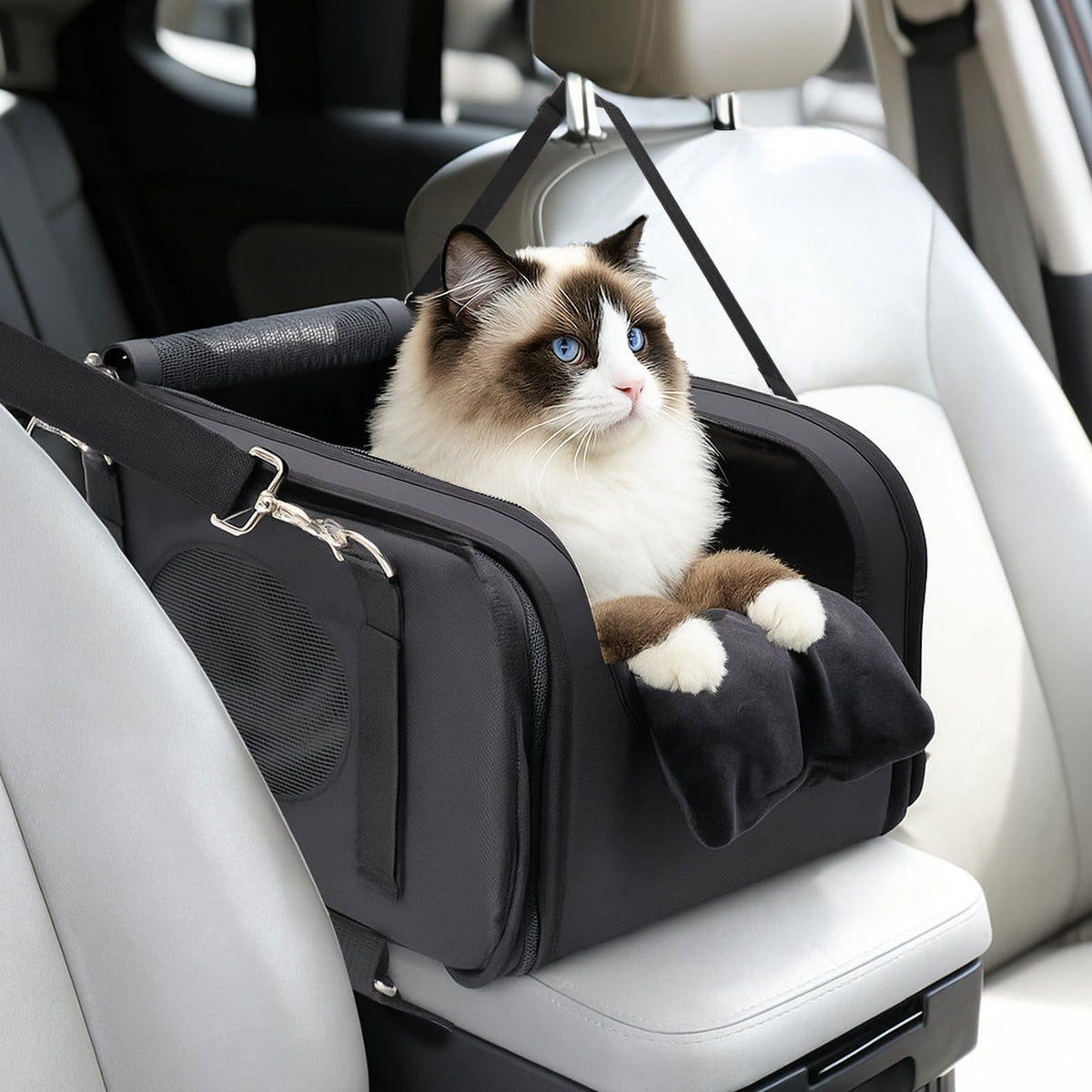 Mity Rain 3-in-1 cat car seat center-console-setup enhances pet view and calmness.