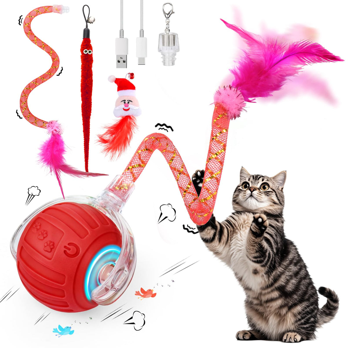 Mity Rain interactive cat toy ball with festive design for indoor cats.