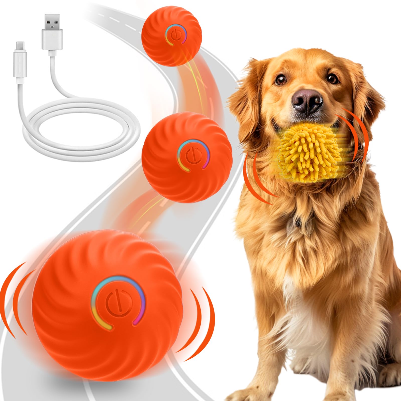 Mity Rain interactive orange ball engages dogs with self-rolling action for enrichment.