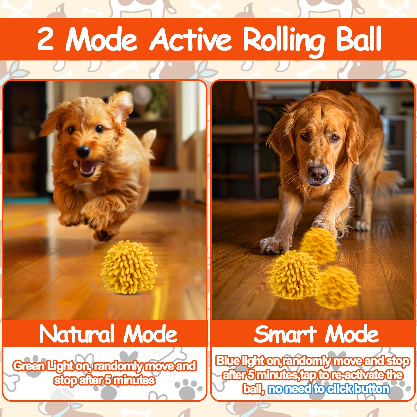 Mity Rain motion-activated orange ball invites touch for extra activity.