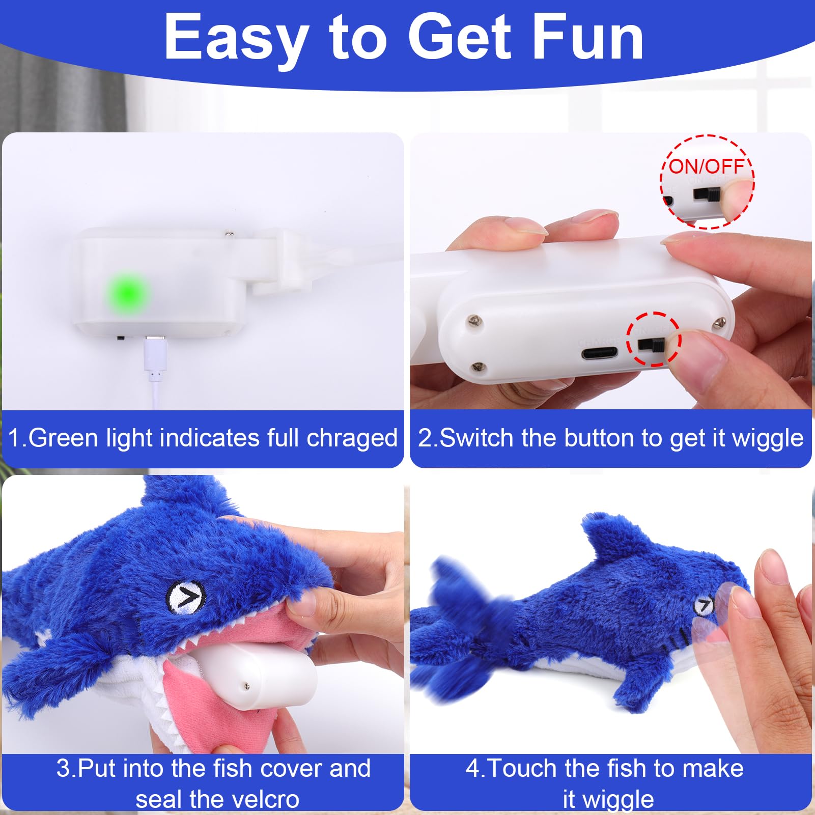 Mity Rain packaging shows shark toy and charging cable included.