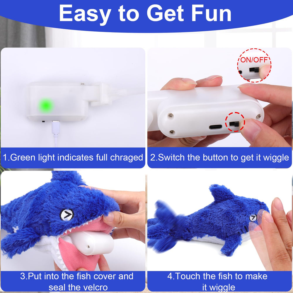 Mity Rain packaging shows shark toy and charging cable included.