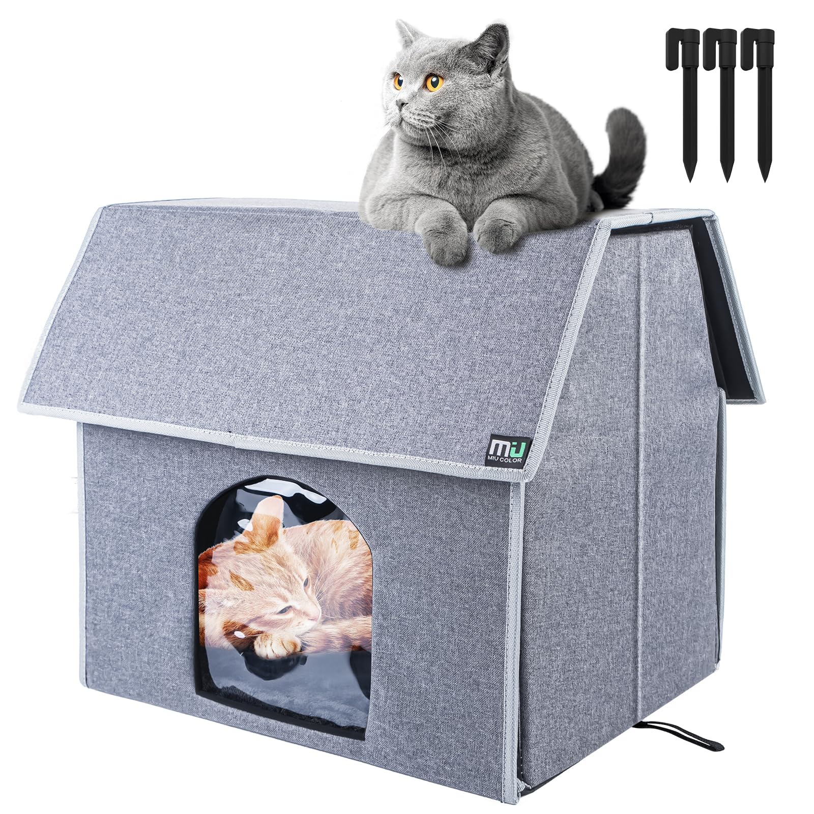 MIU COLOR outdoor cat house front view highlights weatherproof, stable shelter for outdoor cats.