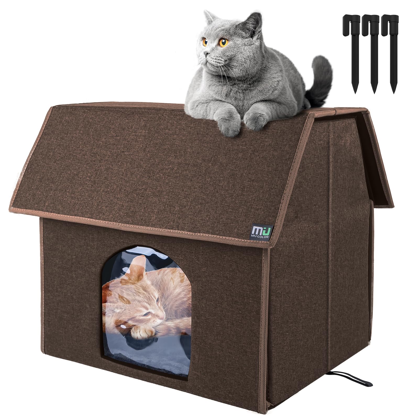 MIU COLOR Outdoor Cat House front view shows weatherproof shelter for outdoor cats
