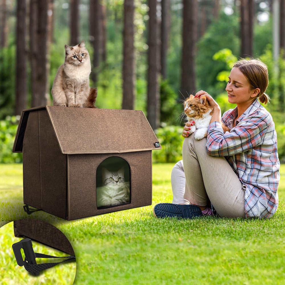 MIU COLOR Outdoor Cat House under-eaves view depicts sheltered dry interior