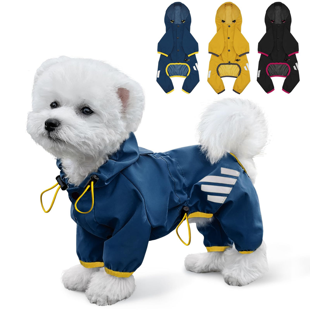 Miucat dog raincoat with hood in blue, front view for rain protection during walks.